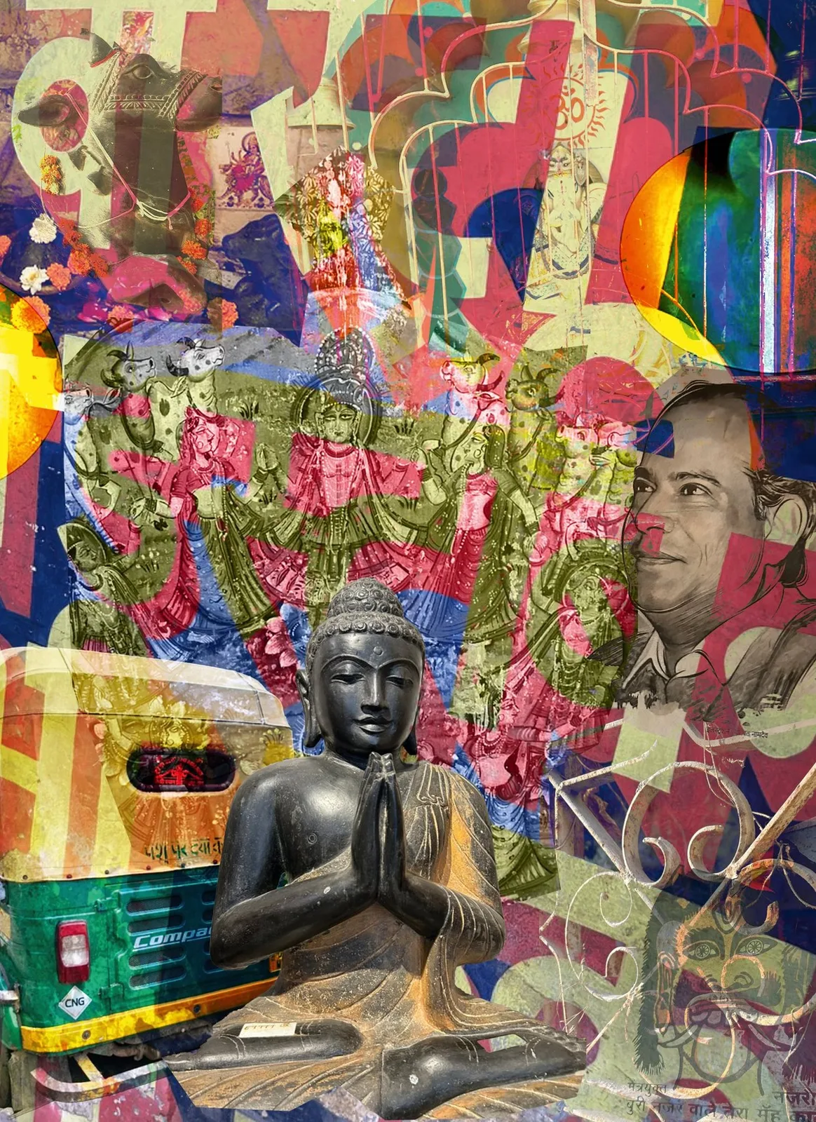 Mixed media art collage, Rishikesh